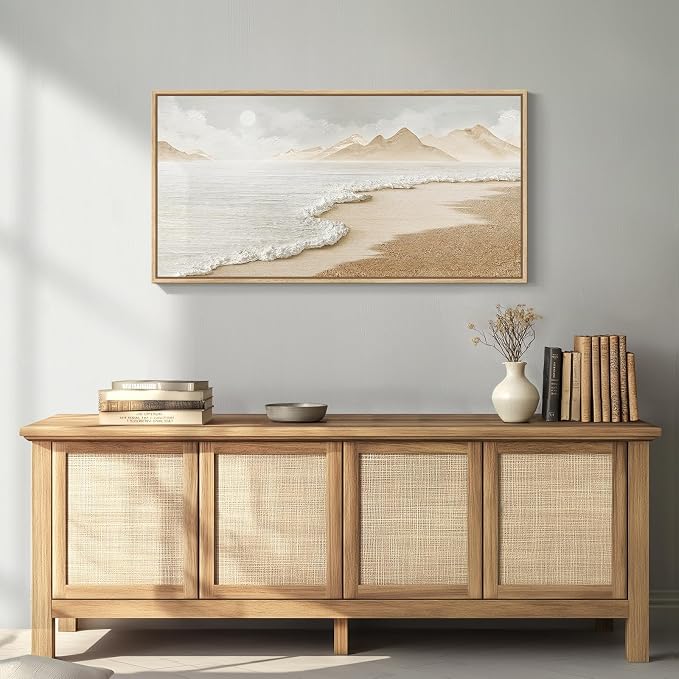 Framed Neutral Coastal Beach Wall Art for Living Room, Large Boho Ocean Canvas Artworks for Walls, Horizontal Abstract Minimalist Coastal Art Print for Bedroom Kitchen Office Wall Decor, 24x48 Inch