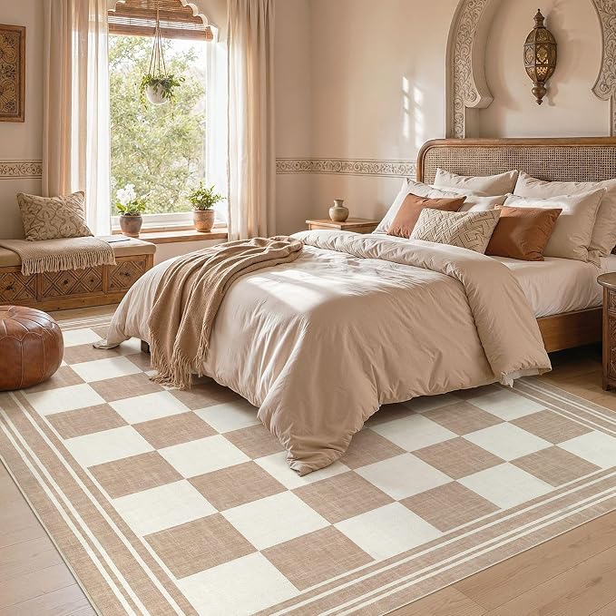 cotiled Washable Area Rugs 10x12 Living Room | Non Slip Backing, Stain Resistant, Pet Friendly, Large Neutral Soft Indoor Carpet For Bedroom, Nursery, Office, Khaki/Brown