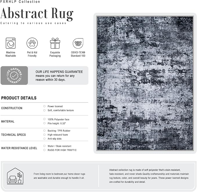 9x12 Area Rug Living Room Rug: Washable Modern Abstract Soft Thin Rug Indoor Floor No Slip Stain Resistant Carpet for Bedroom Dining Room Farmhouse Nursery Home Office - Black