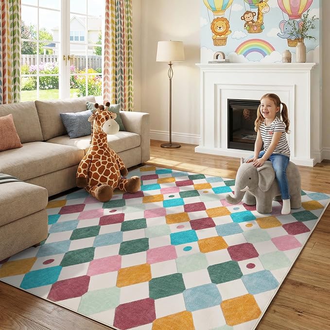 jinchan Macy Kids Area Rug for Classroom 8'x8' Square Rug Modern Colorful Nursery Rug Checkered Diamond Play Mat Washable Soft Non Slip Carpet for Playroom Bedroom Daycare Confetti on Cream