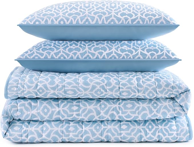 Waverly Kaidyn 3 Piece Quilt Set - Light Weight Printed Microfiber Bedding, Queen Blue