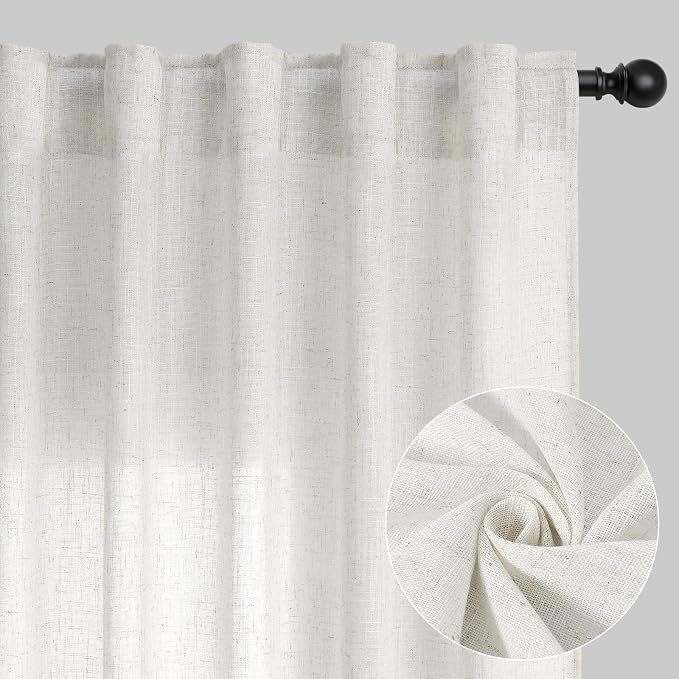Aersas Natural Linen Curtains 84 Inches Length for Living Room Flax Texture Wave Fabric Semi Sheer with Rod Pocket Back Tab for Bedroom Balcony Light Filtering Neutral Home Decor 52x84