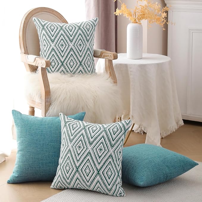 HPUK Throw Pillow Covers 20x20 Inch Set of 4, Linen Decorative Pillow Covers, Accent Cushion Covers for Couch Sofa Bed Bedroom Living Room Décor, Aqua Blue