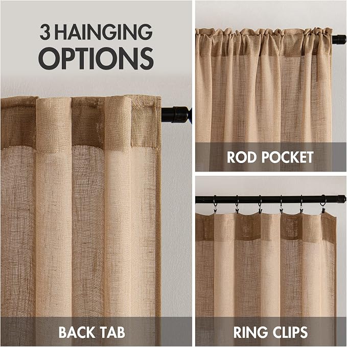 MIULEE Light Brown Linen Curtains 54 Inch Length 2 Panels for Bedroom Living Room, Soft Thick Linen Textured Natural Short Window Drapes Semi Sheer Light Filtering Back Tab Burlap Look Decor