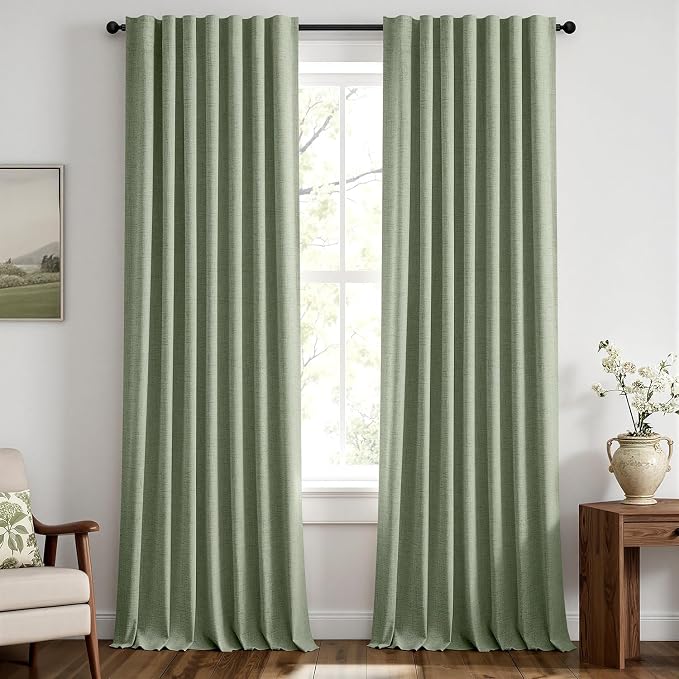 MIULEE 100% Blackout Linen Curtains for Bedroom, Sage Green Solid Luxury Decor Thermal Insulation Room Darkening Drapes for Living Room Back Tab Rod Pocket 42 x 108 Inches, 2 Panels