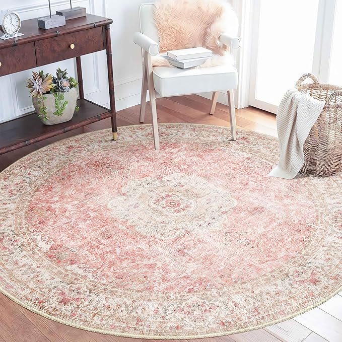 Pink Round Rug 5ft, Circle Boho Area Rugs for Bedroom Living Room,Washable Vintage Bohemian Distressed Oriental Floral Carpet Non Slip,Blush 5'x5'