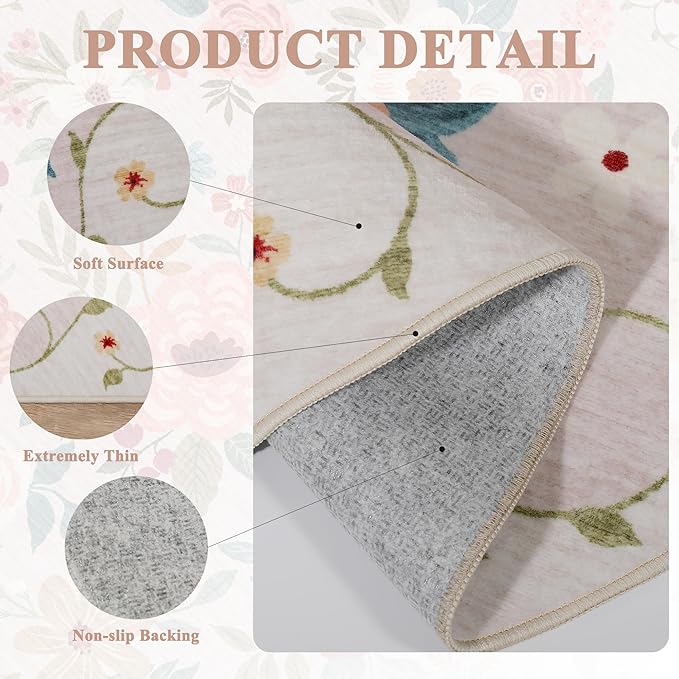 DUKINO 9x12 Area Rug, Floral Rugs for Living Room, Lightweight Non Slip Washable Rug, Indoor Low Pile & Non-Shedding Boho Design Rugs for Bedroom, Living Room, Dining Room, Beige