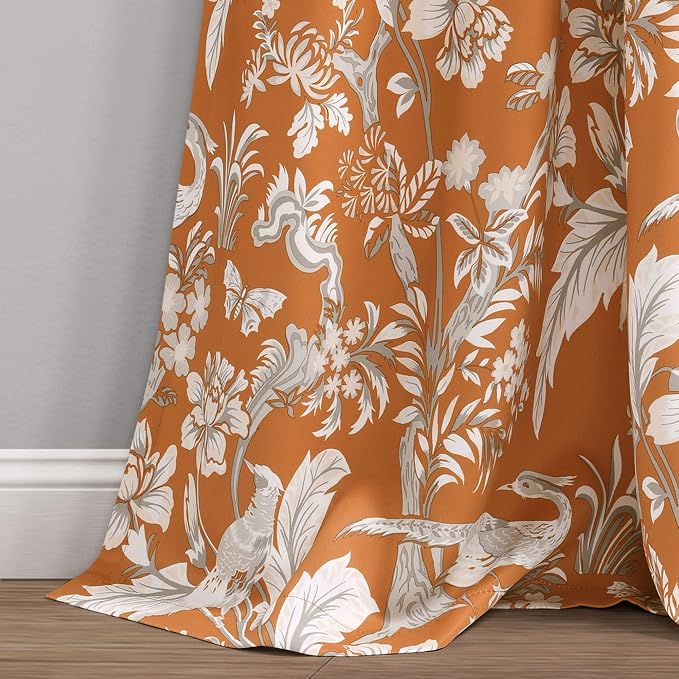Lush Decor Dolores Light Filtering Window Panels, Pair, 52" W x 84" L, Orange - Floral Curtains for Bedroom - Vintage Curtains - Coquette Room Decor