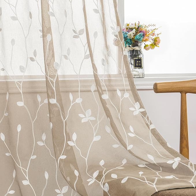 AmHoo 2 Panels Embroidered Leaf Pattern Semi Sheer Curtains Foliage Floral Voile Window Draperies Treatment for Bedroom Living Room Rod Pocket Taupe 53 x 95 Inch