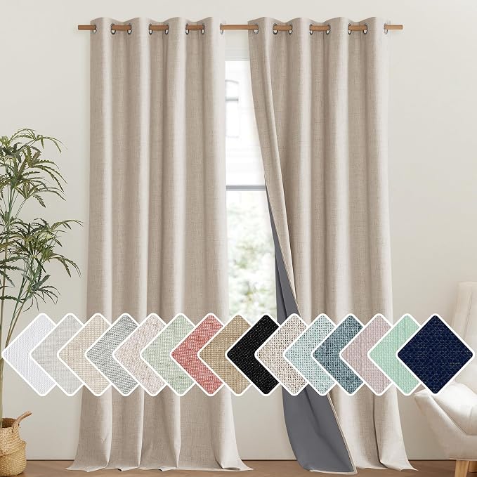NICETOWN Cream 100% Blackout Linen Curtains 102 inch Long Burg for Living Room, 1 Pair, 52" Width Each Panel, Farmhouse Thick Completely Blackout Window Treatment Thermal Insulated Drapes