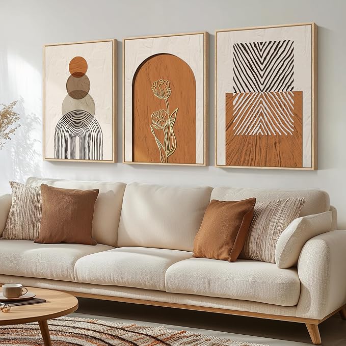 Large Framed Boho Abstract Wall Art for Living Room, 3 Piece Neutral Orange Paintings Prints Canvas Artwork for Walls, Modern Geometric Bohemian Pictures Wall Decor for Bedroom Home Office, 20x30 Inch