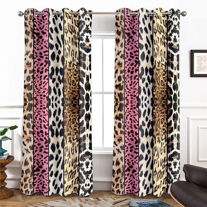 Wild Animal Print Curtain, Room Darkening Thermal Insulated Blackout Leopard Boa Window Drapes with Grommets for Living, Dining, Bedroom, Pink Leopard Print, 52"x 84", 2 Panels