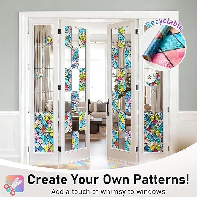 Sunbaby Window Privacy Film Stained Glass Decorative Rainbow Window Cling 3D Static Clings Colorful for Home Decoration, Anti-UV & Heat Control Non-Adhesive (23.6"x157.4")