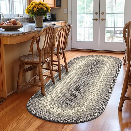 Super Area Rugs Braided Rugs Farmhouse Kitchen Rug - Ridgewood Gray Braided Rug for Living Room - Reversible - Indoor/Outdoor - Made in USA - Graphite/Beige, 2' X 8' Oval Runner
