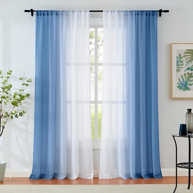 Blue Ombre Sheer Curtains 84 Inch Length for Living Room Bedroom Decor, Gradient Crinkle Semi Sheer Curtain Panels for Boys Room Chiffon Light Filtering Window Drapes for Garden, Rod Pocket, 52"W
