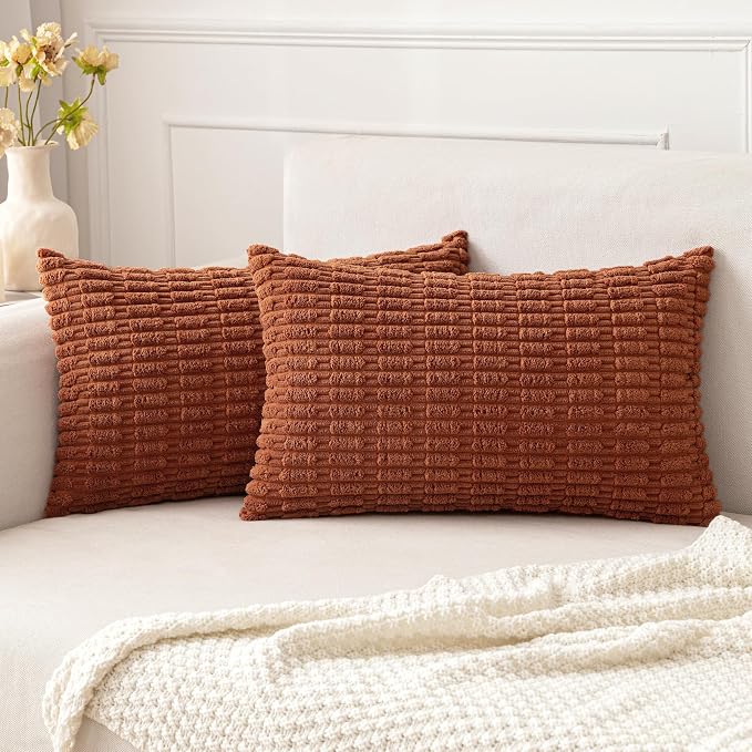 MIULEE Fall Pack of 2 Dark Rust Corduroy Decorative Lumbar Pillow Covers 20x12 Inch Soft Boho Striped Throw Pillow Covers Modern Farmhouse Home Decor for Sofa Living Room Couch Bed
