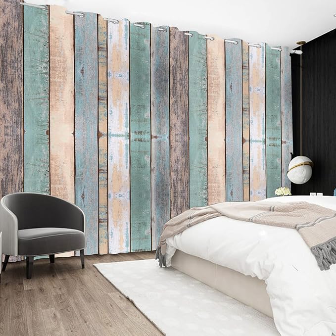 Rustic Wood Barn Door Curtains - Vintage Farm Style Colorful Wooden Planks Window Drapes for Kitchen, Living Room, Bedroom - Room Darkening, 53x45 Inch, 2 Panels