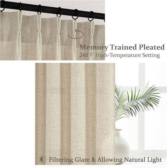 Unique Light Brown Pinch Pleat Thick Linen 86 Inch Office Curtains 2 Panels Set, Warm Beige Light Filtering Semi Sheer Ceiling Track Bohemian Windows Curtain with Back Tab 40"W x 86"L Nursery Drapes