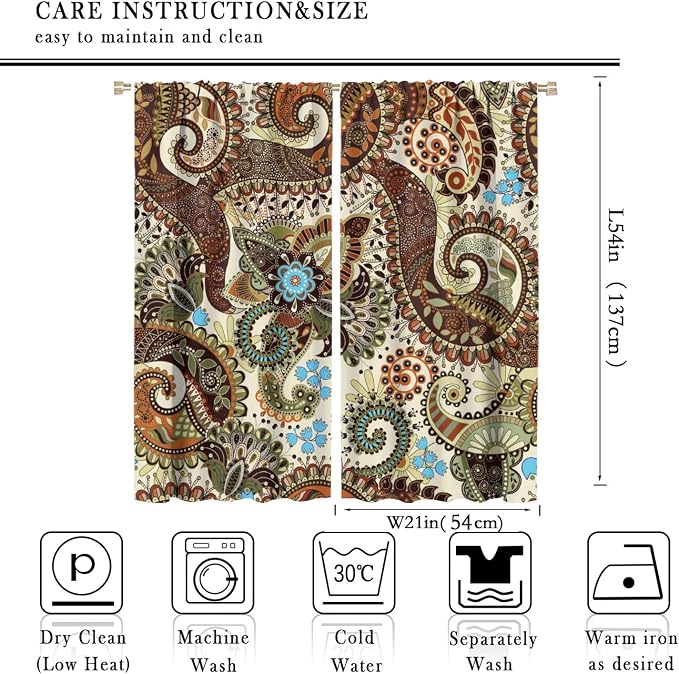 Boho Curtains, Abstract Pelis Boho Brown Vintage Floral Ethnic Tribal Blossom Print, Blackout Curtains for Bedroom Living Room42X54 Inch
