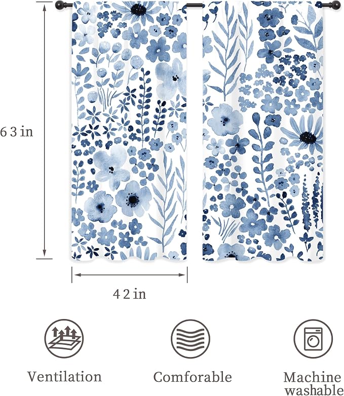 Riyidecor Navy Blue Floral Curtains Wildflower Watercolor Flower Rustic Leaves Boho Cute Botanical Plant Spring Nature Rod Pocket Modern Bedroom Living Room Treatment Fabric 2 Panels 42Wx63H Inch