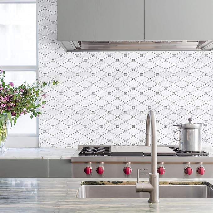 STICKGOO 10 Sheets Peel and Stick Backsplash, Carrara White Stick on Mosaic Tiles for Kitchen Wall Decor, PVC Mixed Glass Self Adhesive Peel and Stick Tile