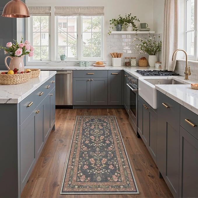 GENIMO 5x7 Area Rugs for Living Room, Machine Washable Non Slip Vintage Rugs, Low Pile Lightweight Chenille Print Rug for Bedroom, Dining Room, Home Office, Dusty Charcoal