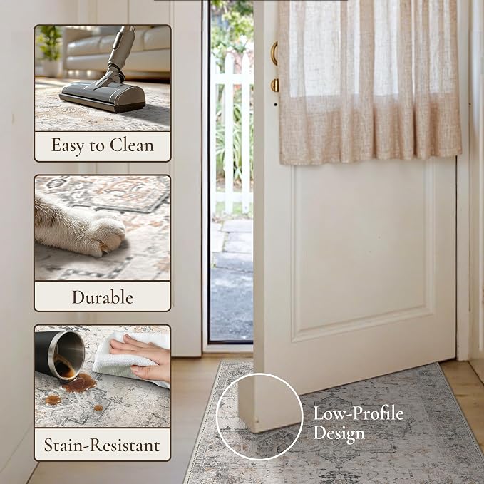 GENIMO Area Rug 32x48 inch Doormat, Machine Washable Low Pile Rugs, Small Retro Entryway Mat for Entrance, Hallway, Kitchen and Corridor, Light Taupe Brown