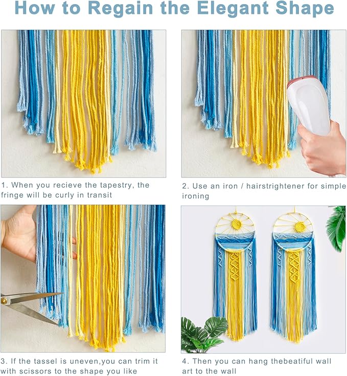 Artilady 2 Pack Blue Sun Wall Decor Macrame Hanging Tapestry Sunshine Sunset Wall Art Set, Rustic Woven Tapestries Boho Dream Catcher Colorful Decor for Bedroom Living Room Nursery (Blue 2Pcs)