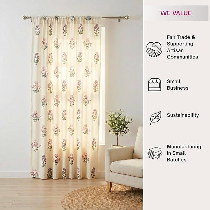 ATOSII 100% Cotton Single Panel Block Print Curtain, Easy Hanging with Rod Pocket & Loop, Living Room, Dining Room, Bedroom Light Filtering Boho Curtains, Set of 1, 60" W X 108" L, Phool