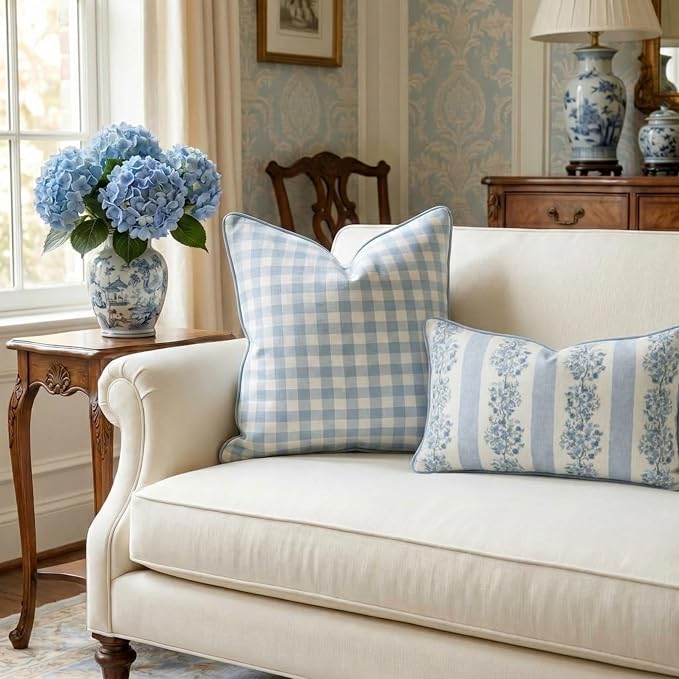 Jillien Harbor “The Charlie” Decorative Pillow Cover – Blue and White Accent Pillow Cover with Gingham-Inspired Design – Grandmillennial Home Decor, 20" x 20"