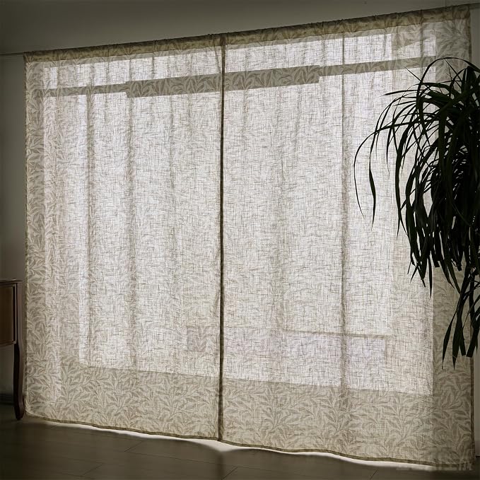 RoomTalks Boho Farmhouse Window Curtains 84 Inches Length 2 Panels Faux Linen Light Filtering, Cottagecore Rustic Country Vintage Cute Botanical Floral Curtain Panels for Bedroom Dining Living Room