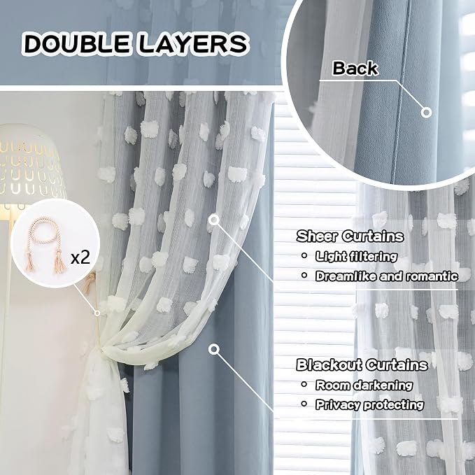MYSKY HOME Dusty Blue Curtains for Bedroom & Kids Room - 54 Inch Long, Double Layer, White Pom Pom, Sheer, Grommet, Darkening, Small Window, 2 Panels, 52 x 54 in