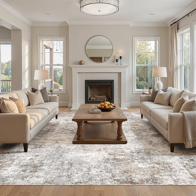 UERMEI Square Area Rugs : Washable 10x10 Neutral Modern Abstract Carpet for Living Room Bedroom - Soft Floor Mat with Non Slip Backing for Kitchen Nursery Dorms Farmhouse Home Decor - Brown Grey
