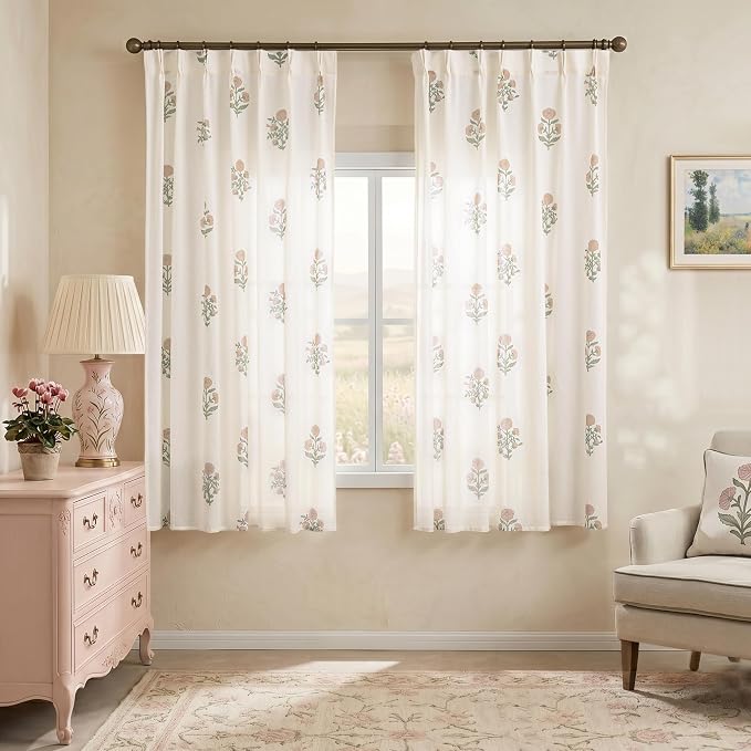 63 Inch Length Floral Linen Curtains for Living Room, Pink and Green Vintage Farmhouse Pattern Pinch Pleated Light Filtering Semi Sheer Drapes for Bedroom Dining Room 2 Panel Set