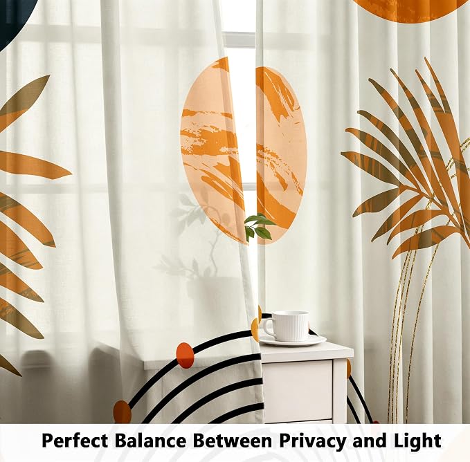 Boho Mid Century Abstract Leaves Curtains 52X84Inch Rainbow Living Room Curtain 2Pc Burnt Orange Curtains for Bedroom Modern Geometric Drapes Yellow Plant Colorful Curtain