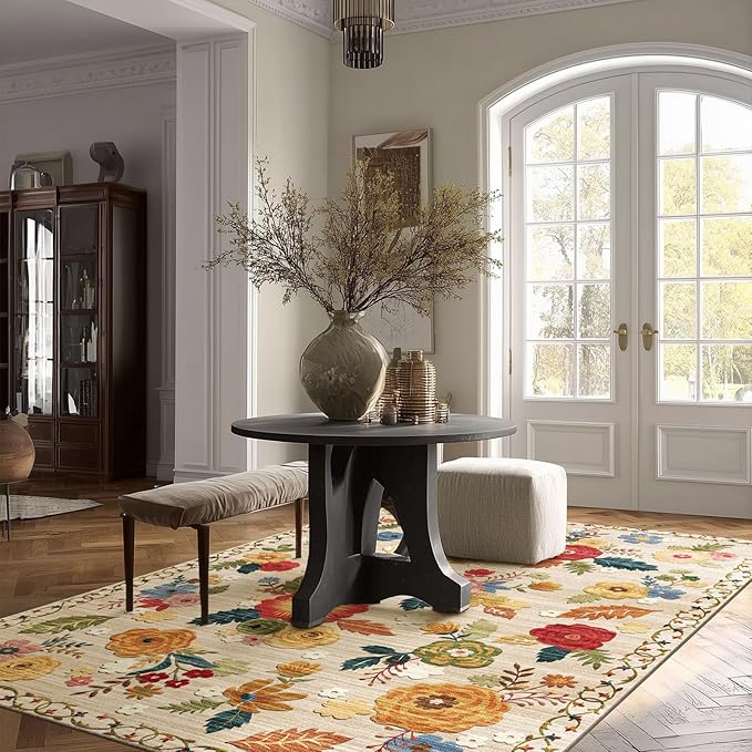 4x6 Washable Area Rugs for Bedroom: Small Living Room Rug with Non Slip Backing Low Pile Soft Faux Wool Distressed Vintage Floral Throw Rugs for Kitchen Entryway Office Nursery Entrance Enytry Indoor