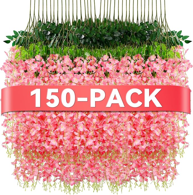 Alotiki 150 Pack Wisteria Hanging Flowers,Fake Hanging Flowers,Wisteria Artificiales Garland for Home Wedding Arch Floral Party Garden Ceremony Outdoor Decor,3.6 Feet Long(150,Pink)