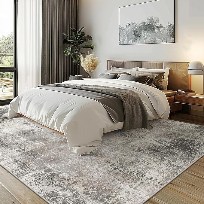 GENIMO 5x7 Area Rugs for Living Room, Machine Washable Non Slip Rugs, Low Pile Lightweight Vintage Print Rug for Bedroom, Dining Room, Home Office, Abstract Grey