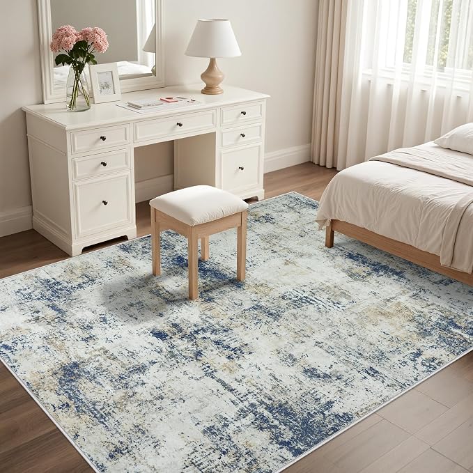 Area Rug Living Room Rugs: 5x7 Washable Rug with Anti-Slip Backing Non-Shedding Stain-Resistant Foldable Modern Abstract Carpet for Bedroom Dining Room Nursery Hallway Home Office Blue Brown