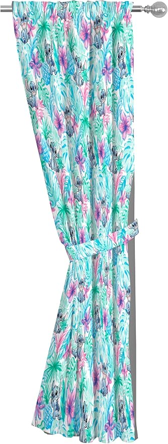 Jay Franco Window Curtains for Kids Bedroom 4-Piece Drape Set with 2 Tiebacks, Blue - Lilo & Stitch, 42" W x 63" L (Pack of 2)