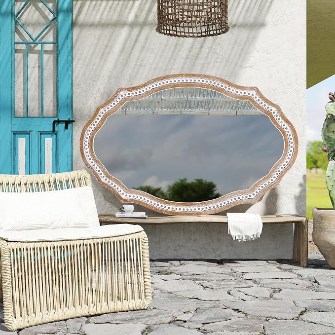 36x24 Inch Rustic Farmhouse Oval Mirror, Wooden Decorative Wall Mirrors | Hang Vertical or Horizontal, the Grain Look Adds Farmhouse Charm Above Bathroom Sink, Entryway, Living Room, Hallway
