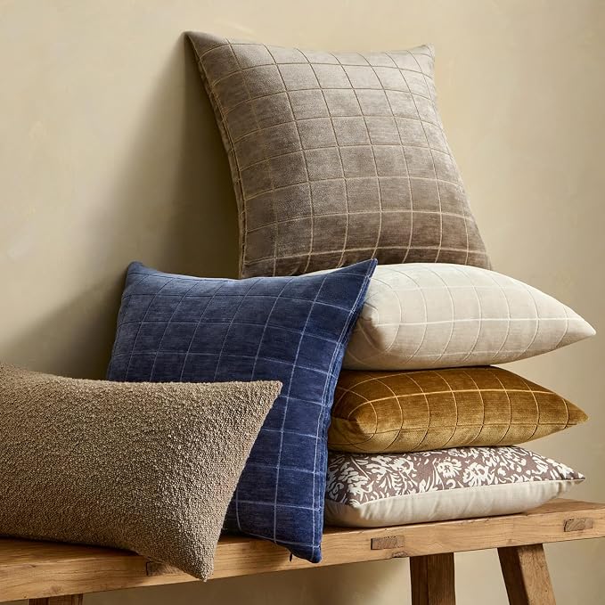 MIULEE Navy Blue Plaid Decorative Throw Pillow Covers 12x20 Set of 2 | Vintage Check Chenille Couch Pillows Neutral Boho Farmhouse Cushion Covers Modern Home Decor for Sofa Bed Living Room