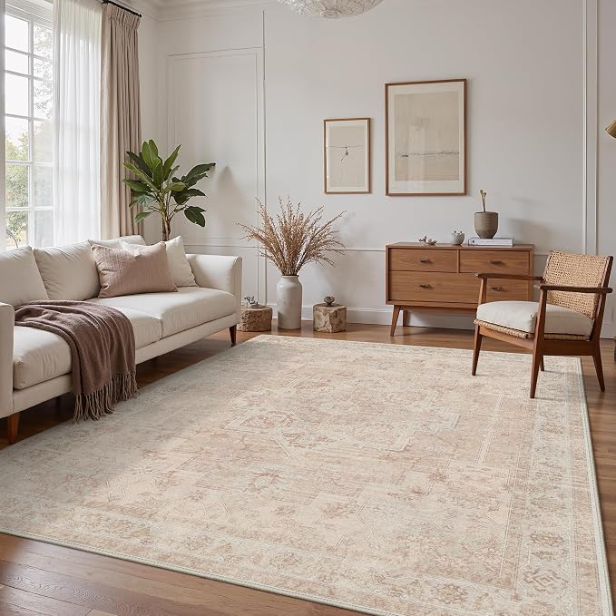 GENIMO 8x10 Area Rugs for Living Room, Machine Washable Non Slip Vintage Rugs, Low Pile Lightweight Print Rug for Bedroom, Dining Room, Home Office, Light Pink