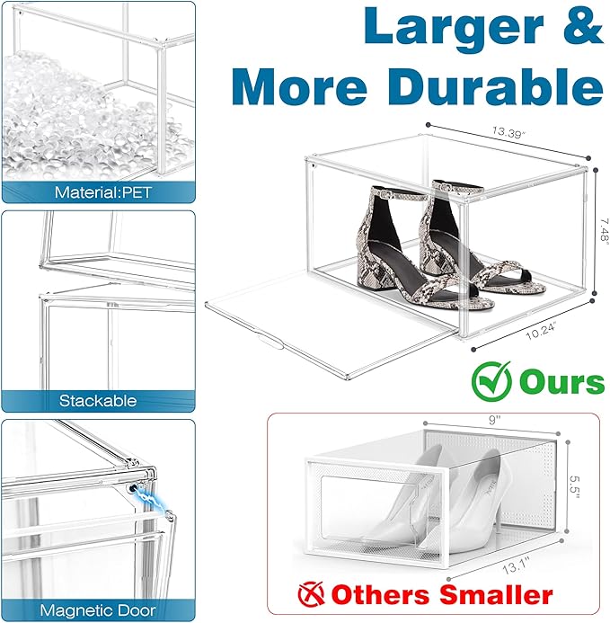 10 Pack Magnetic Shoe Boxes Acrylic Shoe Display Case, Size 12 Sneaker Storage Box Stackable Shoe Containers, Clear Dustproof Shoe Cabinet for Entryway, Closet, Underbed,Hallway, Bathroom