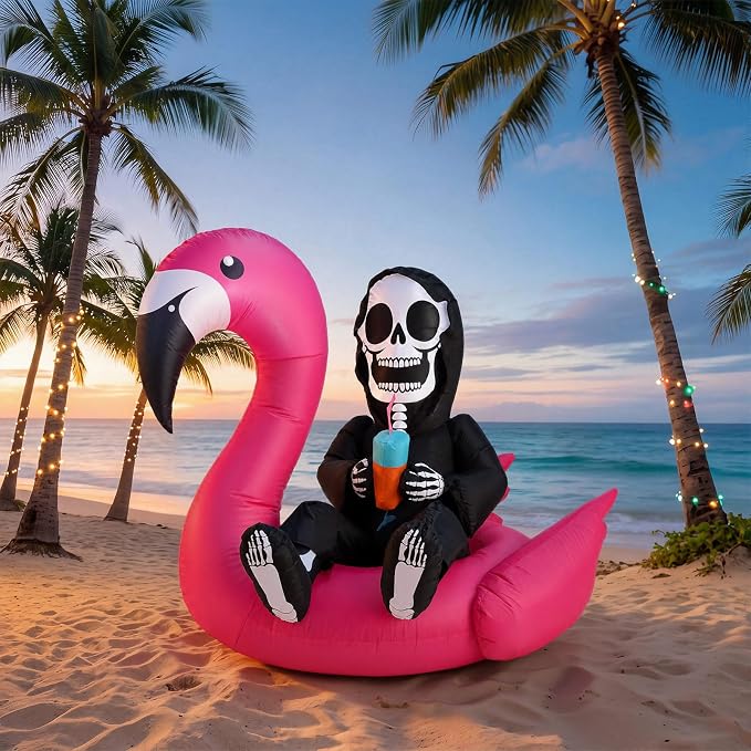 Jenaai 4 ft Summer Halloween Inflatable Decorations Blow up Yard Death Decors with LED Lights Death Figure Flamingo for Holiday Summer Halloween Party
