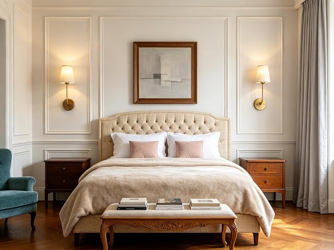PERMO Set of 2 Rustic Vintage Wall Sconce Light Fixture with Flared Funnel Linen Fabric Shade Nightstand Lamps for Bedrooms Bedside Reading (Antique Brass)