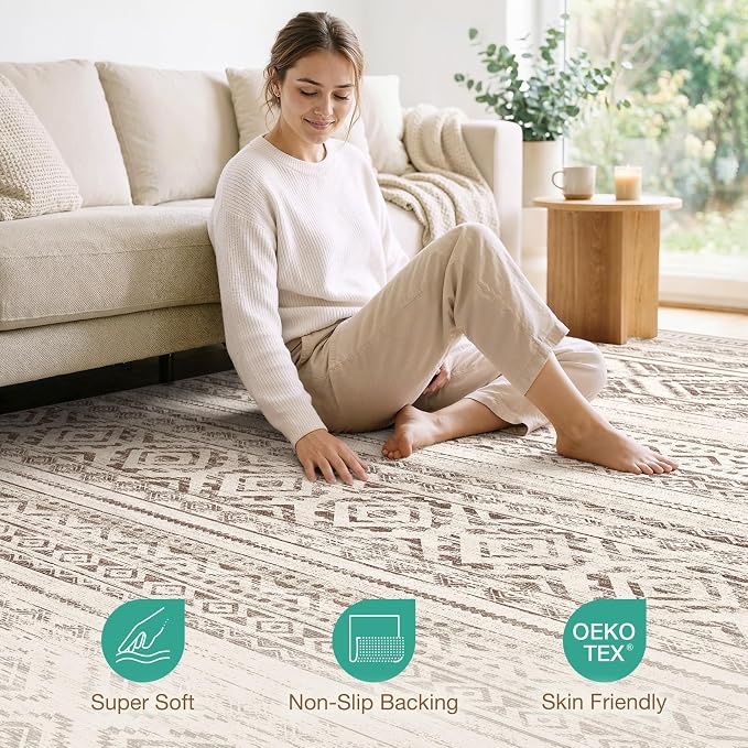 cotiled 10x14 Area Rugs Living Room Rug: Washable Boho Rugs with Non Slip Backing Large Soft Indoor Stain Resistant Carpet for Bedroom Farmhouse Dining Room Lightweight Home Decor Dark Brown