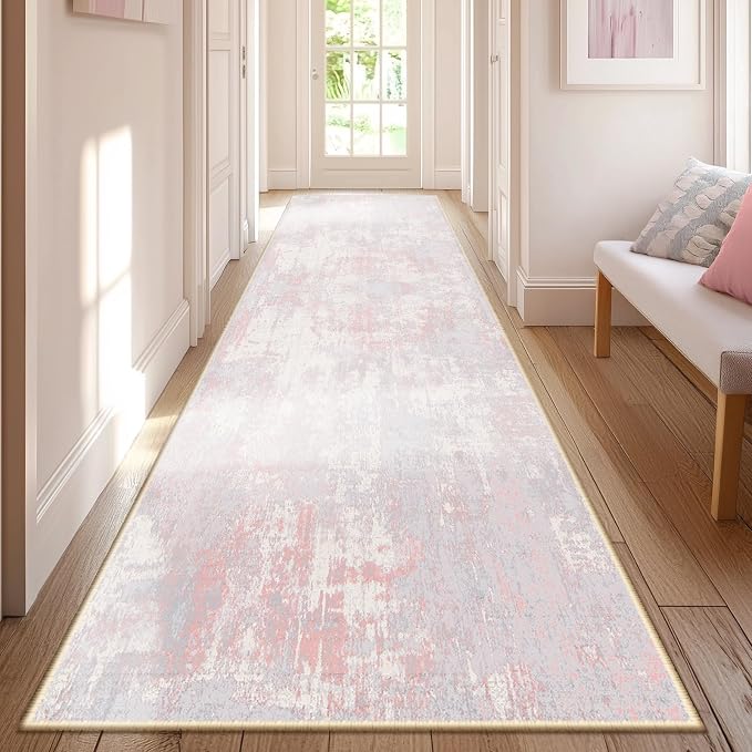 RELEANY Washable Area Rugs 2'x8' Non-Slip Modern Abstract Soft for Living Room Entryway Bedroom Kitchen, Print Pattern, Grey Pink