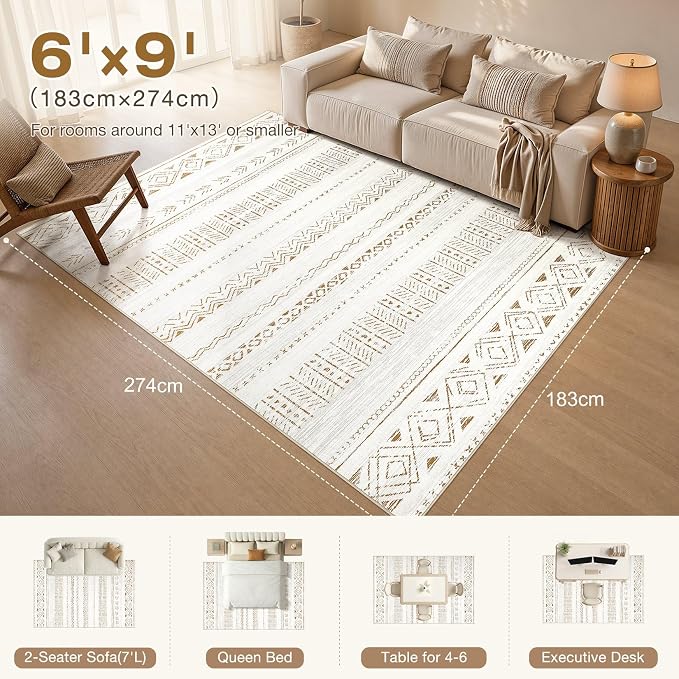 cotiled 6x9 Area Rugs Living Room Rug: Washable Boho Rugs with Non Slip Backing Large Soft Indoor Stain Resistant Carpet for Bedroom Farmhouse Dining Room Lightweight Home Decor L Brown/Cream