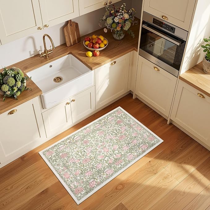GarveeHome Pink and Green Beige Vintage Floral Small Rug 2x3 Door Mat Indoor Rugs for Entryway Washable Non-Slip TPE Backing Soft Low-Pile Rugs for Bathroom Bedroom Kitchen